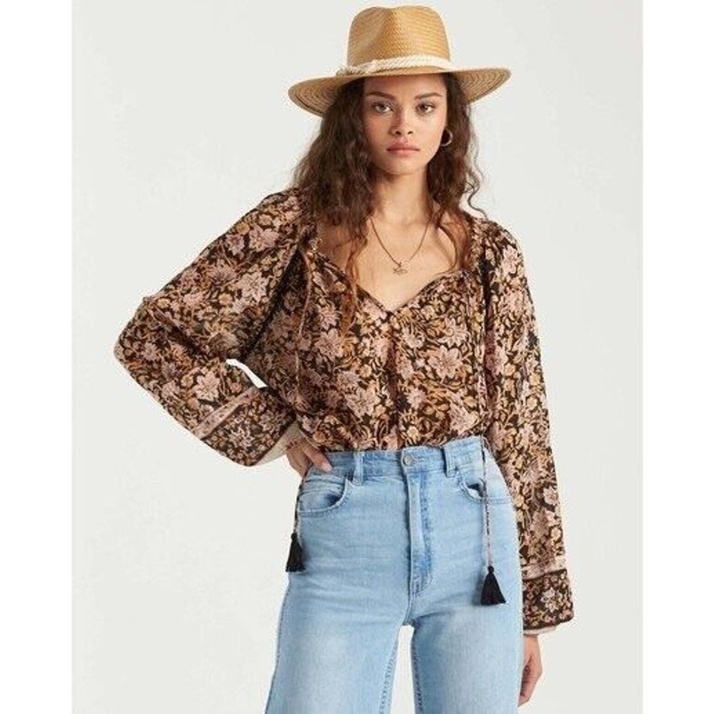 Billabong Sun Fire Top Peasant Floral Boho Pink Yellow Black Size Medium